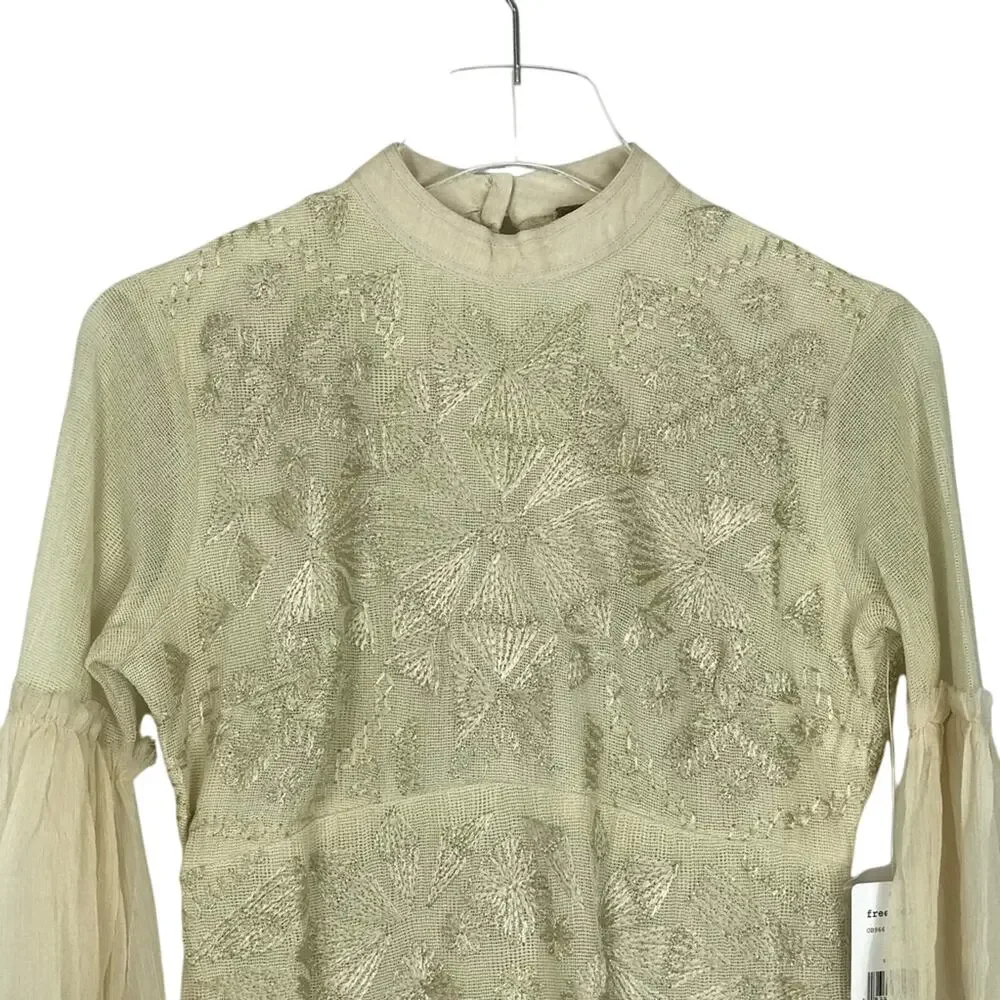 Free People Cleo Embroidered Mini Dress Bell Sleeves Open Back Size 0 NEW